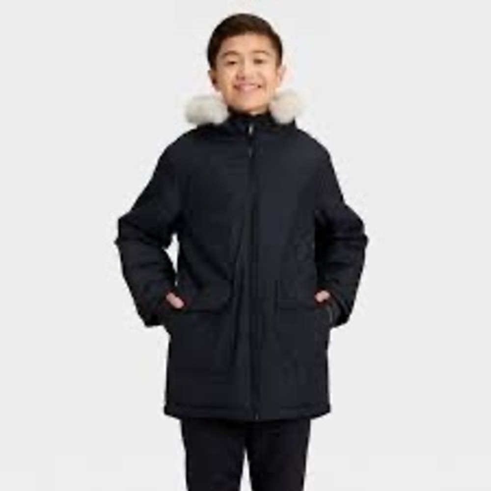 All In Motion Kids Black Parka Jacket Faux Fur Hood Water Resistant XS 4/5 NEW